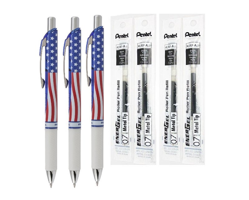 Pentel EnerGel Deluxe RTX Liquid Gel Ink Pen Set Kit, Stars & Stripes, Pack of 3 with 4 Refills (Black - 0.7mm) - Image 1